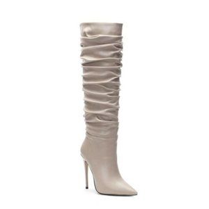 Pointed Toe High Heels Knee Boots Slouch Pleated Cream NEW SH002